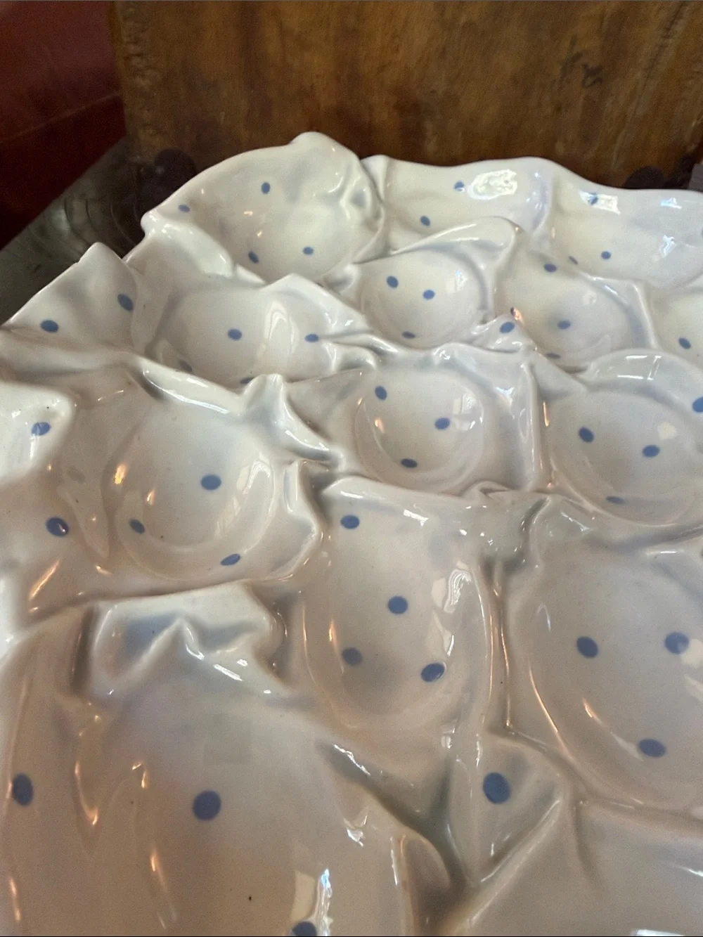 Vintage Ceramic Egg Tray with Blue Polka Dots and Basket motif